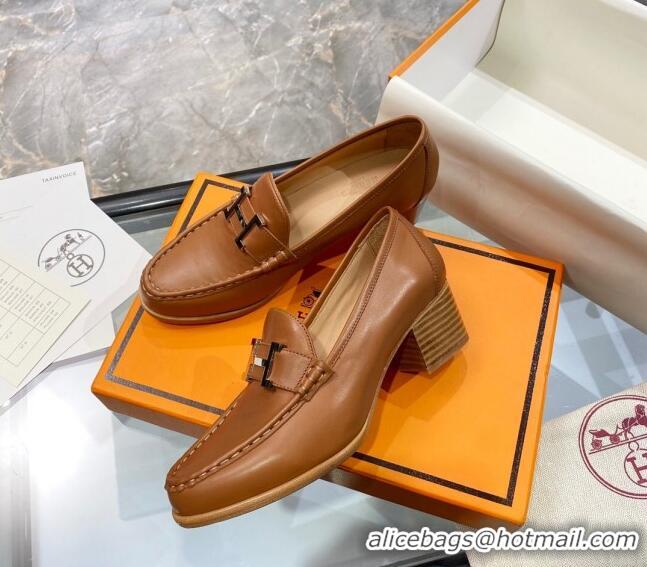 Lowest Price Hermes Paris Calfskin Loafers Pumps 5cm with H Buckle 010658 Brown