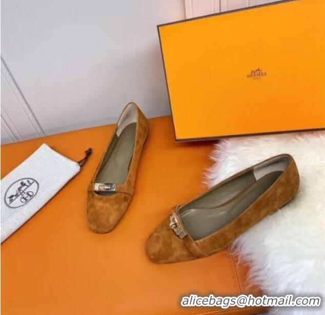 Most Popular Hermes Kelly Suede Flat Loafers 010659 Brown 2021