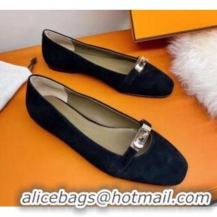 Good Quality Hermes Kelly Suede Flat Loafers 010659 Black 2021