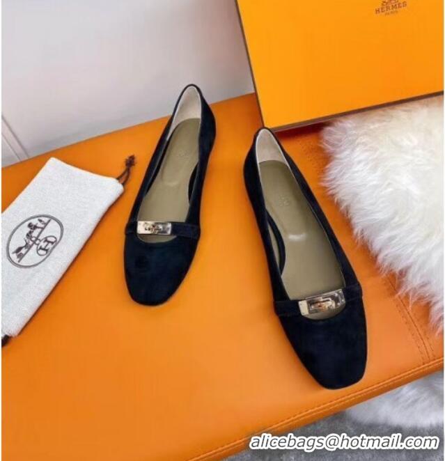 Good Quality Hermes Kelly Suede Flat Loafers 010659 Black 2021