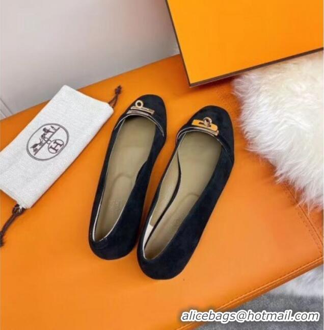 Good Quality Hermes Kelly Suede Flat Loafers 010659 Black 2021