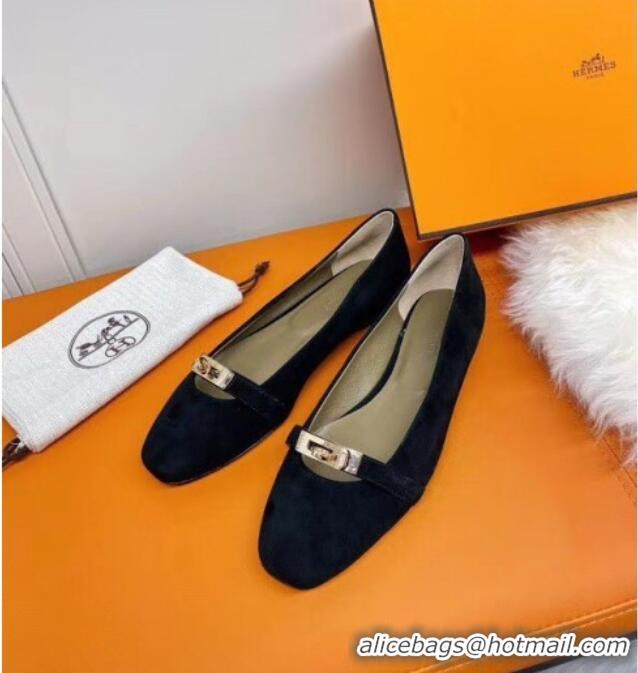 Good Quality Hermes Kelly Suede Flat Loafers 010659 Black 2021