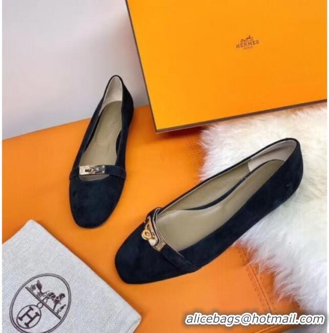 Good Quality Hermes Kelly Suede Flat Loafers 010659 Black 2021