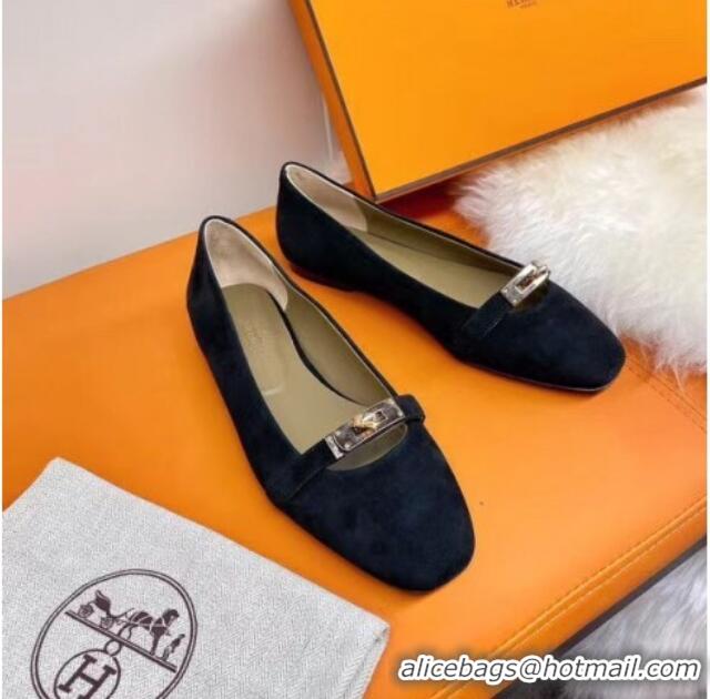 Good Quality Hermes Kelly Suede Flat Loafers 010659 Black 2021