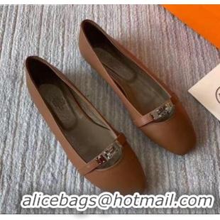 Good Quality Hermes Kelly Calfskin Flat Loafers Brown 1010661