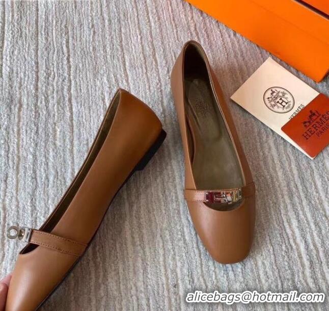 Good Quality Hermes Kelly Calfskin Flat Loafers Brown 1010661