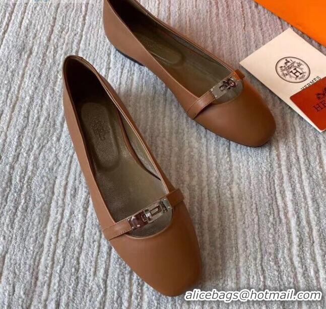 Good Quality Hermes Kelly Calfskin Flat Loafers Brown 1010661