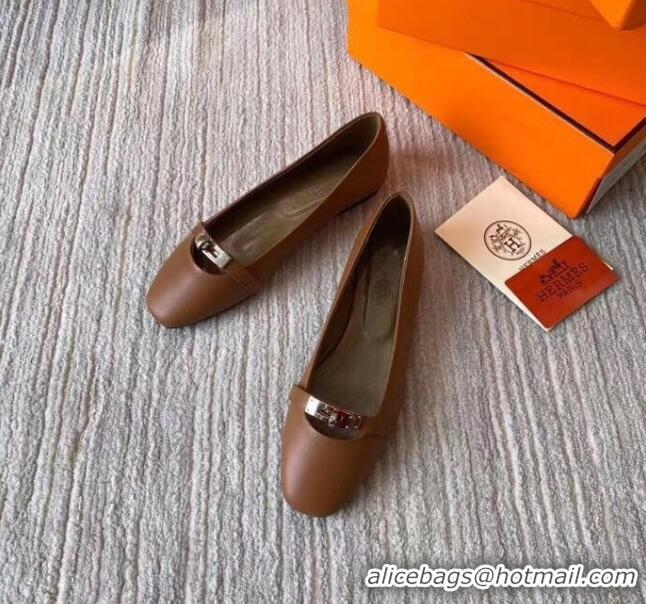 Good Quality Hermes Kelly Calfskin Flat Loafers Brown 1010661