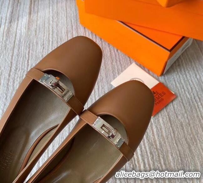 Good Quality Hermes Kelly Calfskin Flat Loafers Brown 1010661