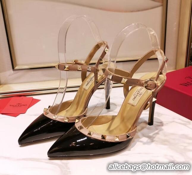 Luxurious Valentino Rockstud Patent Leather Slingback Pump With 9.5cm Heel 031804 Black