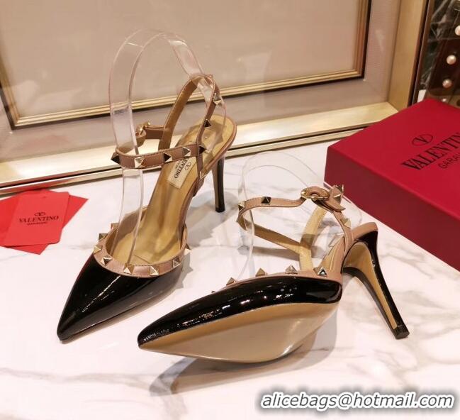 Luxurious Valentino Rockstud Patent Leather Slingback Pump With 9.5cm Heel 031804 Black