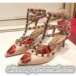 Low Price Valentino Rockstud Ankle Strap Calfskin Pump With Rosy Printed And 6.5cm Heel 031807 Nude