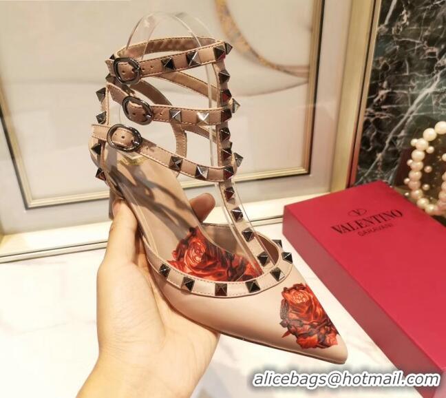 Low Price Valentino Rockstud Ankle Strap Calfskin Pump With Rosy Printed And 6.5cm Heel 031807 Nude