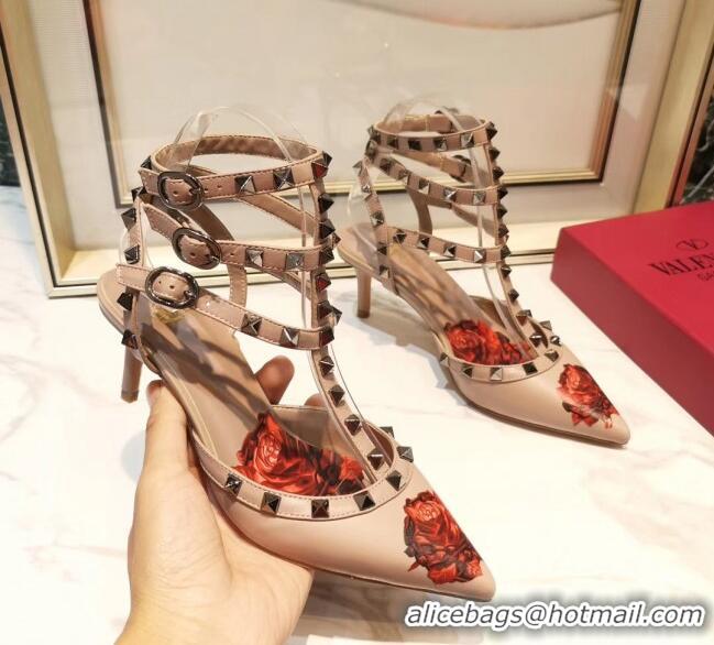 Low Price Valentino Rockstud Ankle Strap Calfskin Pump With Rosy Printed And 6.5cm Heel 031807 Nude