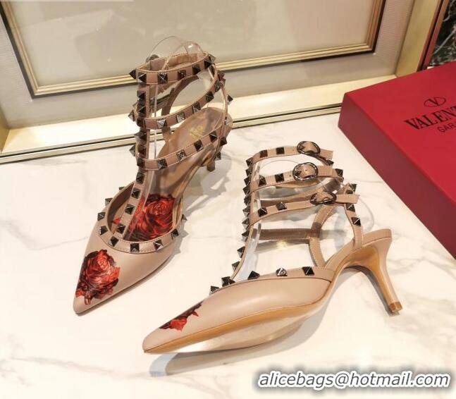 Low Price Valentino Rockstud Ankle Strap Calfskin Pump With Rosy Printed And 6.5cm Heel 031807 Nude