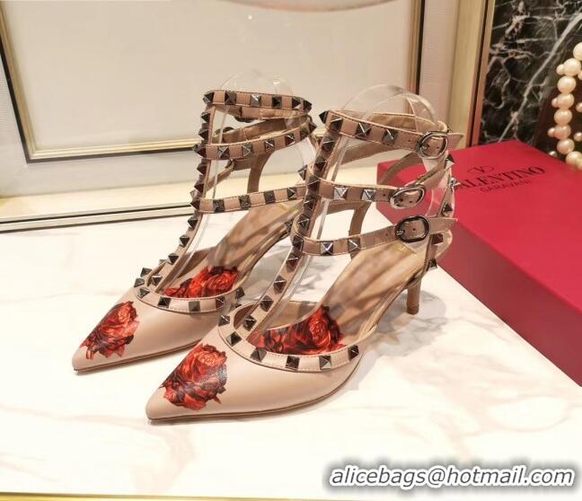 Low Price Valentino Rockstud Ankle Strap Calfskin Pump With Rosy Printed And 6.5cm Heel 031807 Nude