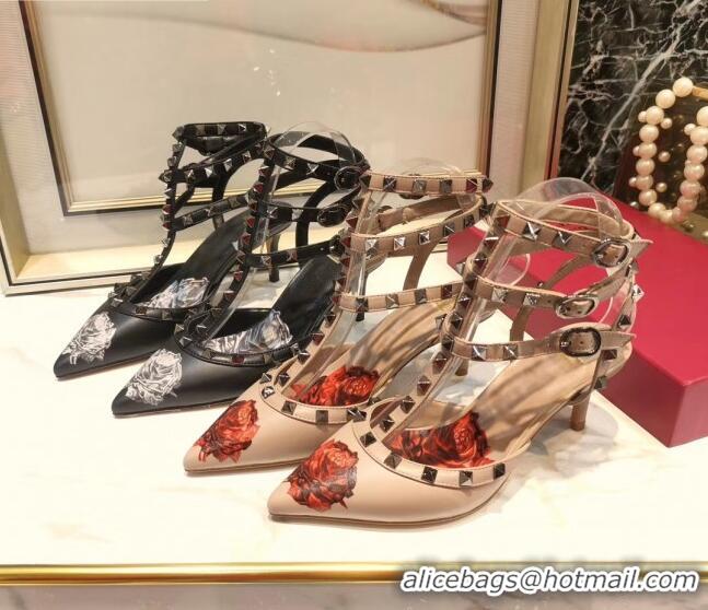 Best Product Valentino Rockstud Ankle Strap Calfskin Pump With Rosy Printed And 6.5cm Heel 031807 Black