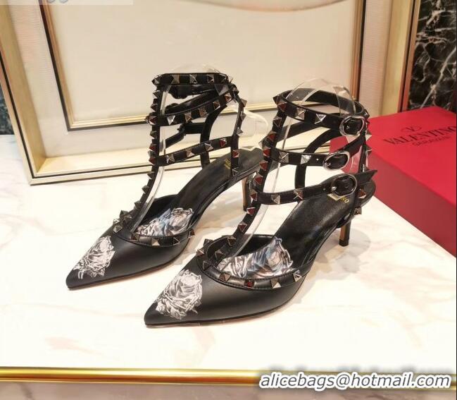 Best Product Valentino Rockstud Ankle Strap Calfskin Pump With Rosy Printed And 6.5cm Heel 031807 Black