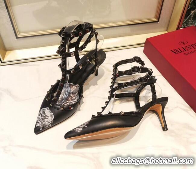 Best Product Valentino Rockstud Ankle Strap Calfskin Pump With Rosy Printed And 6.5cm Heel 031807 Black