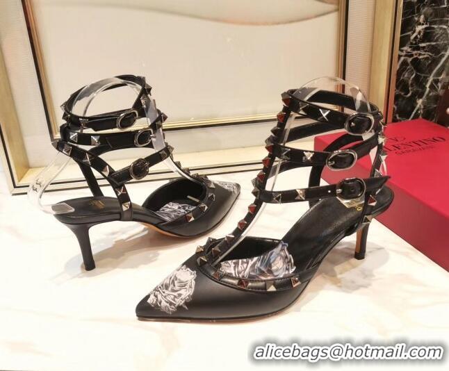 Best Product Valentino Rockstud Ankle Strap Calfskin Pump With Rosy Printed And 6.5cm Heel 031807 Black