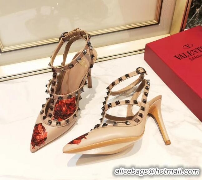 Popular Style Valentino Rockstud Ankle Strap Calfskin Pump With Rosy Printed And 9.5cm Heel 031809 Nude