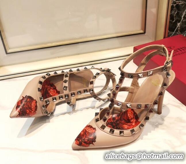 Popular Style Valentino Rockstud Ankle Strap Calfskin Pump With Rosy Printed And 9.5cm Heel 031809 Nude