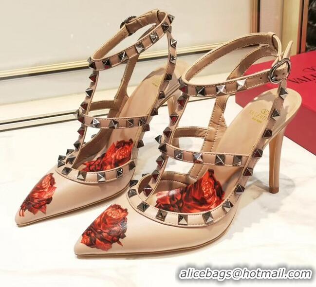 Popular Style Valentino Rockstud Ankle Strap Calfskin Pump With Rosy Printed And 9.5cm Heel 031809 Nude