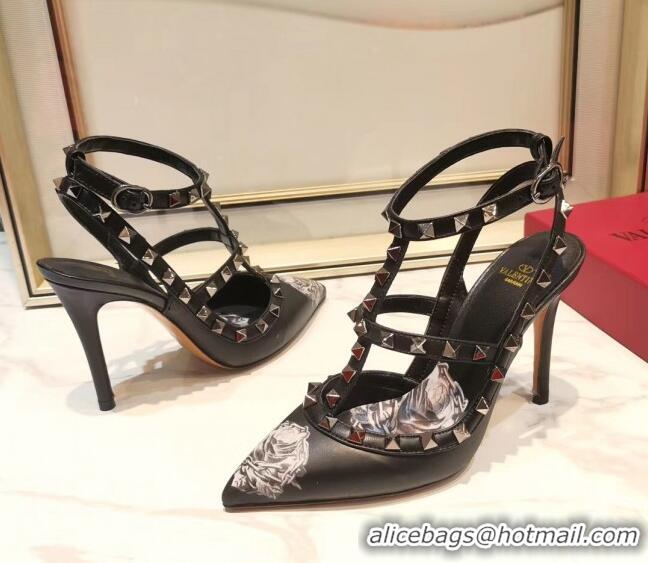 New Style Valentino Rockstud Ankle Strap Calfskin Pump With Rosy Printed And 9.5cm Heel 031809 Black