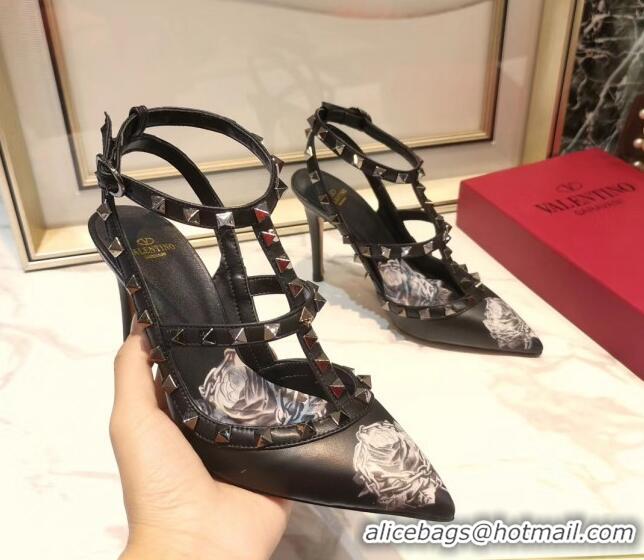 New Style Valentino Rockstud Ankle Strap Calfskin Pump With Rosy Printed And 9.5cm Heel 031809 Black