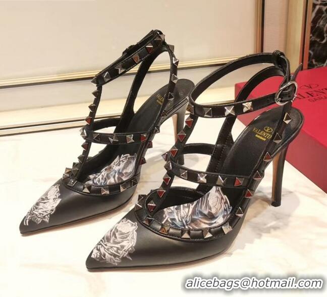 New Style Valentino Rockstud Ankle Strap Calfskin Pump With Rosy Printed And 9.5cm Heel 031809 Black