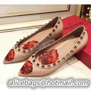 Top Sale Valentino Rosy Printed Calfskin Rockstud Ballerina 031811 Nude