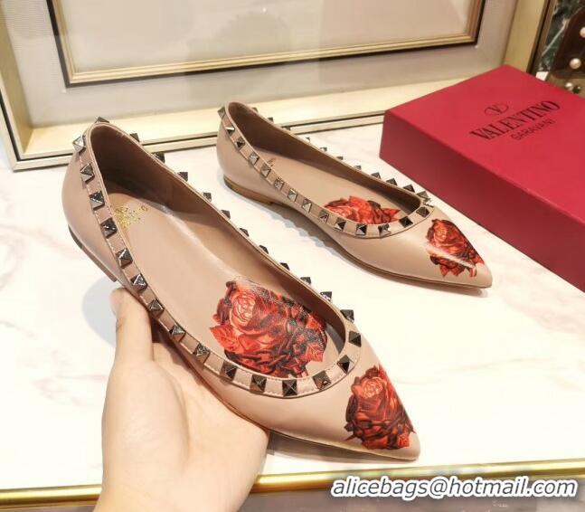 Top Sale Valentino Rosy Printed Calfskin Rockstud Ballerina 031811 Nude