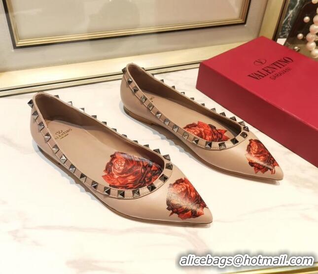 Top Sale Valentino Rosy Printed Calfskin Rockstud Ballerina 031811 Nude