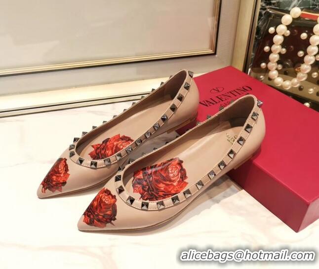 Top Sale Valentino Rosy Printed Calfskin Rockstud Ballerina 031811 Nude