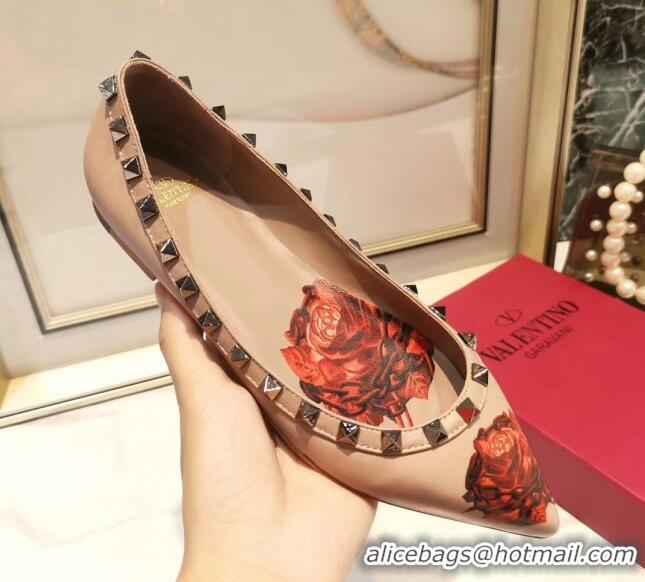 Top Sale Valentino Rosy Printed Calfskin Rockstud Ballerina 031811 Nude