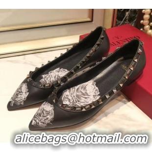 Top Quality Valentino Rosy Printed Calfskin Rockstud Ballerina 031811 Black