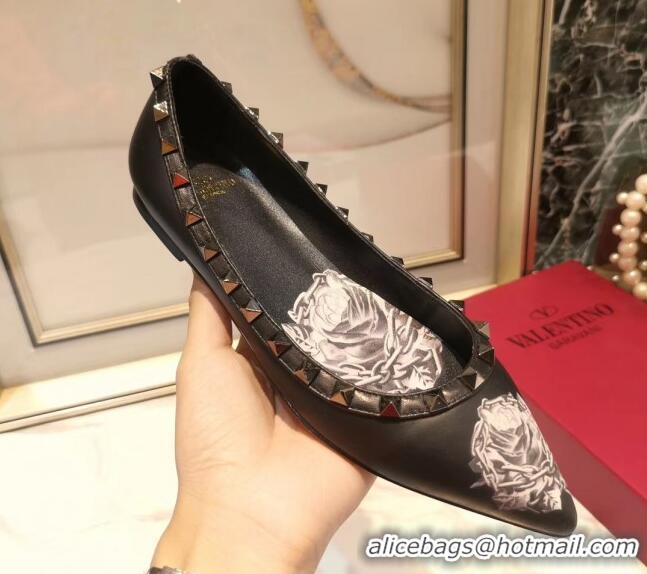 Top Quality Valentino Rosy Printed Calfskin Rockstud Ballerina 031811 Black