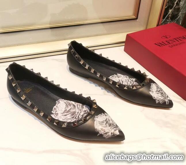 Top Quality Valentino Rosy Printed Calfskin Rockstud Ballerina 031811 Black