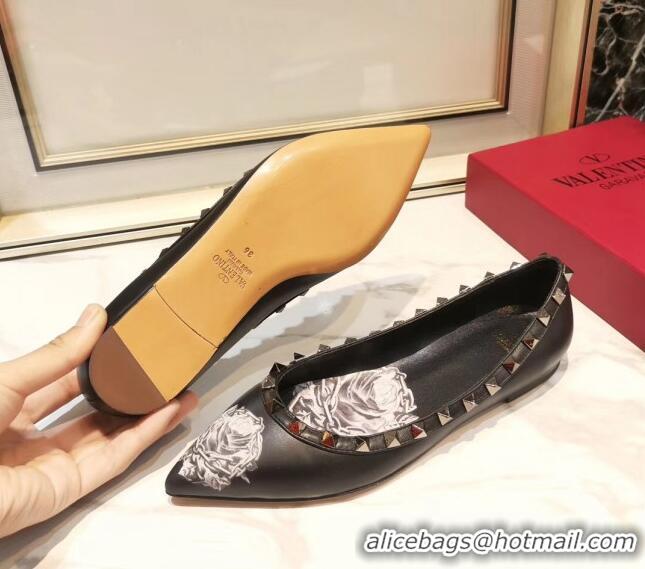 Top Quality Valentino Rosy Printed Calfskin Rockstud Ballerina 031811 Black