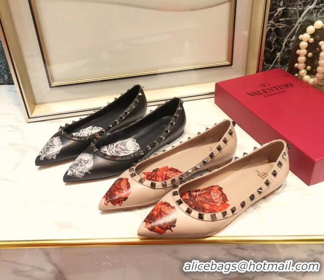 Top Quality Valentino Rosy Printed Calfskin Rockstud Ballerina 031811 Black