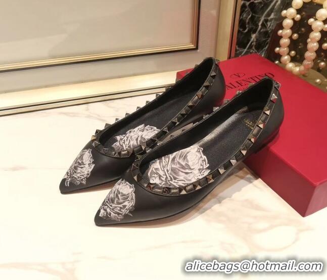 Top Quality Valentino Rosy Printed Calfskin Rockstud Ballerina 031811 Black