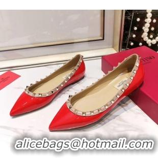 Charming Valentino Rockstud Flat Ballerina in Patent Calfskin 041419 Red