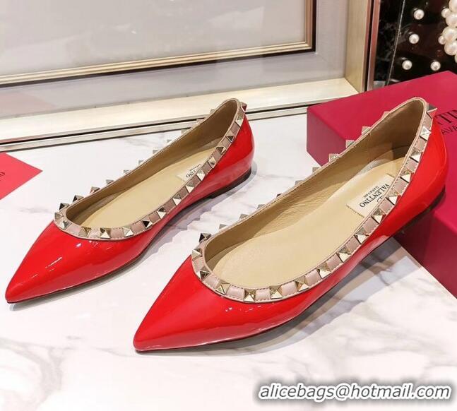 Charming Valentino Rockstud Flat Ballerina in Patent Calfskin 041419 Red