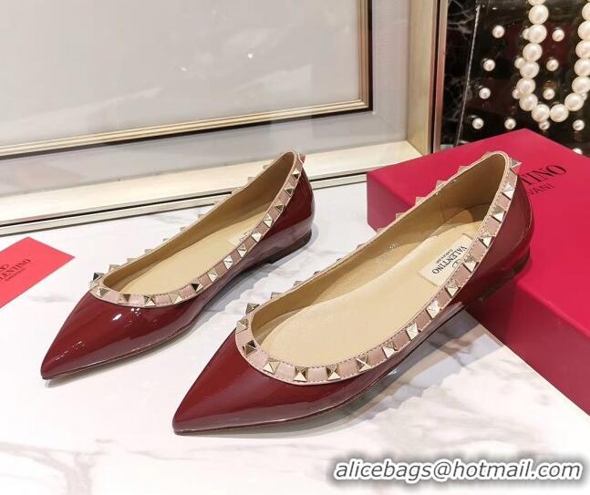 Best Design Valentino Rockstud Flat Ballerina in Patent Calfskin 041419 Burgyundy