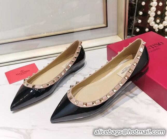 Top Quality Valentino Rockstud Flat Ballerina in Patent Calfskin 041419 Black