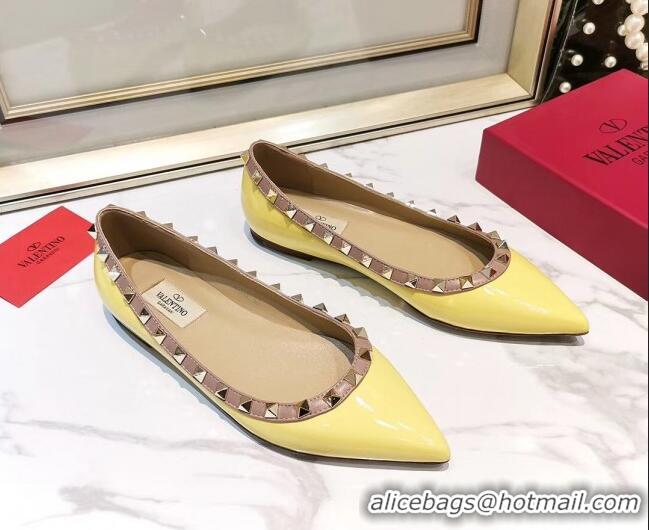 Best Luxury Valentino Rockstud Flat Ballerina in Patent Calfskin 041419 Yellow