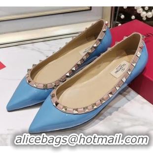 Popular Valentino Rockstud Flat Ballerina in Patent Calfskin 041419 Blue