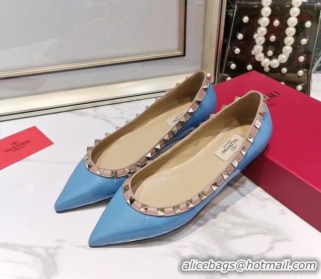 Popular Valentino Rockstud Flat Ballerina in Patent Calfskin 041419 Blue