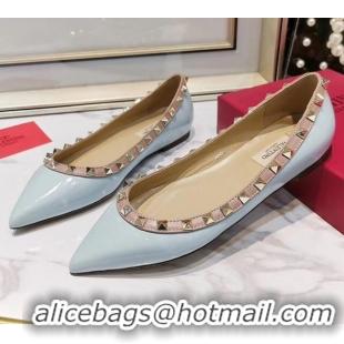 Cute Valentino Rockstud Flat Ballerina in Patent Calfskin 041419 Baby Blue