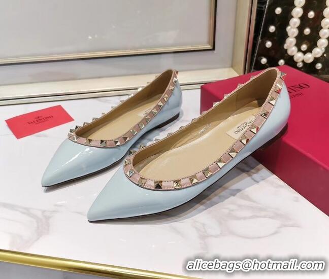 Cute Valentino Rockstud Flat Ballerina in Patent Calfskin 041419 Baby Blue